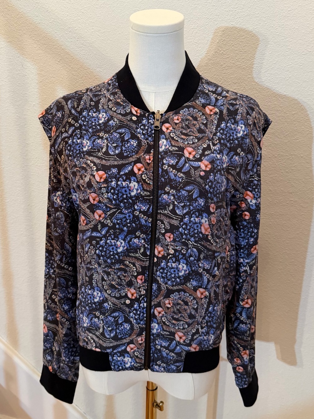 Joe's Jeans Black Floral Bomber Jacket with Blue & Pink Accents